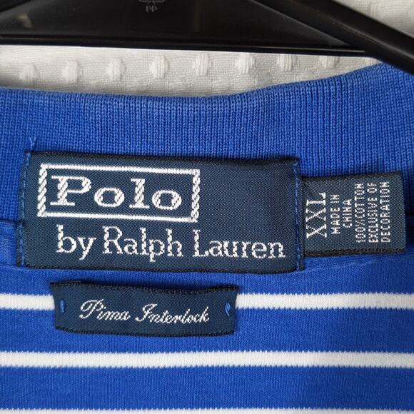 Polo Ralph Lauren 2XL Blue White Striped Pima Interlock Pony Men’s Polo Shirt - Picture 3 of 4
